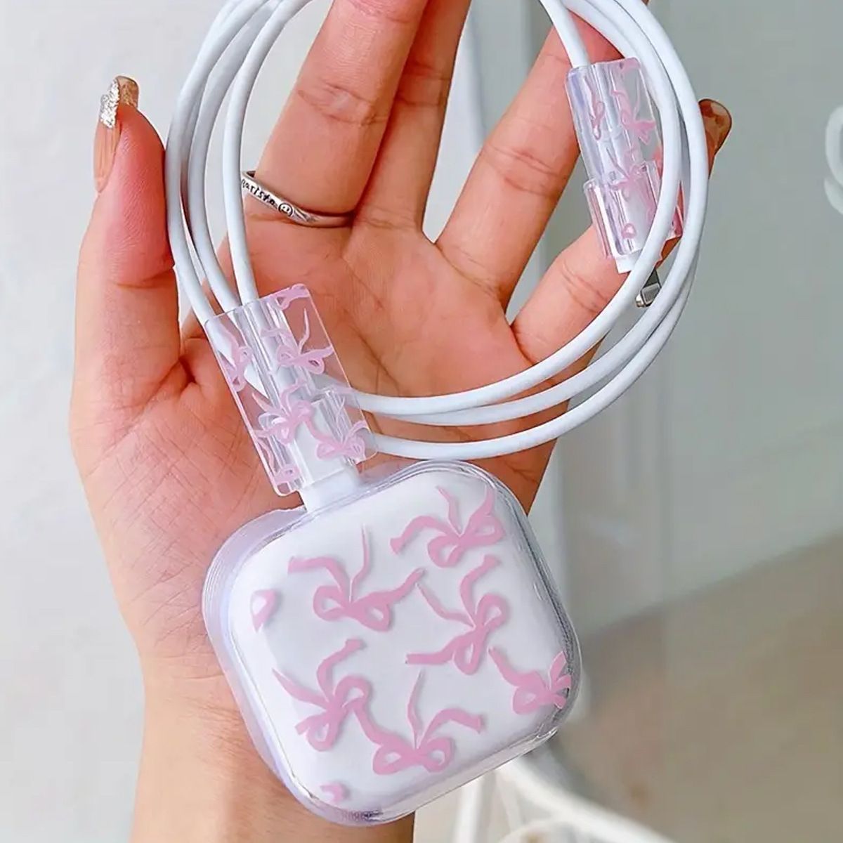 Compatible With 20W UK Plug Charger Protective Cover Charging Head Protector Cable Bite Pink Bowknot_maomaolike.com