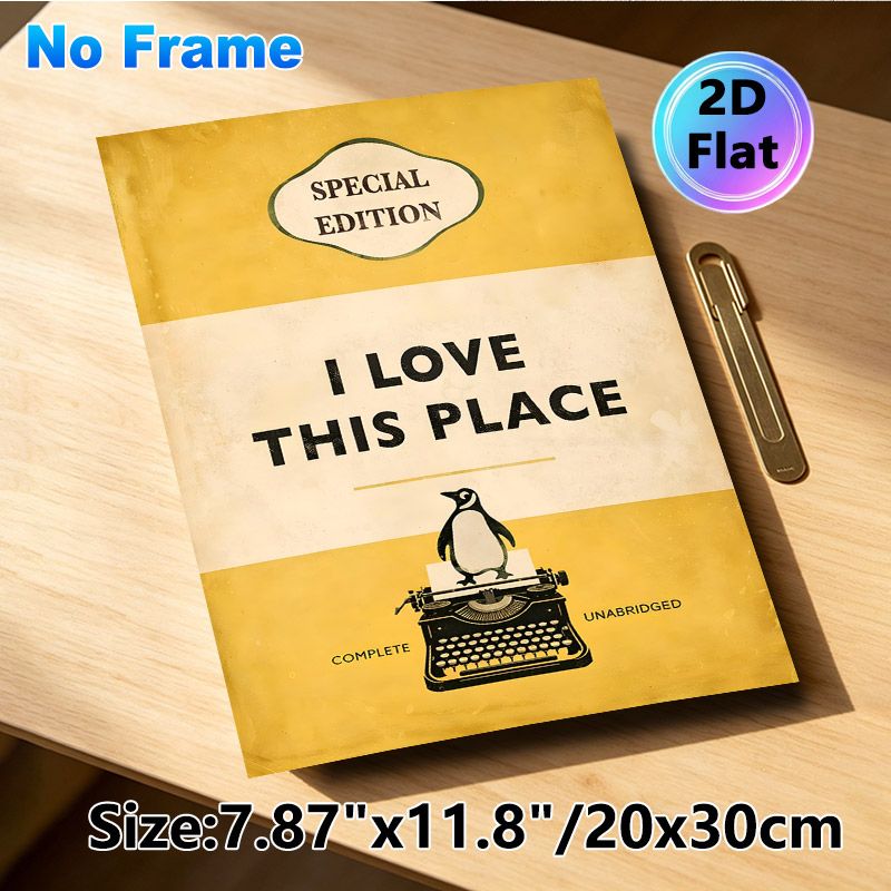 Vintage Book & Penguin Painting Poster, Warm-toned Retro Book Cover Style Poster, Heartfelt "I Love This Place" Quote Decor Ideal For Home, Living_maomaolike.com