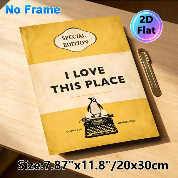 Vintage Book & Penguin Painting Poster, Warm-toned Retro Book Cover Style Poster, Heartfelt "I Love This Place" Quote Decor Ideal For Home, Living_maomaolike.com