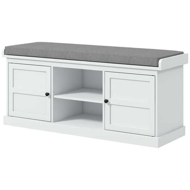 Shoe Storage Bench With Cushioned Seat, Entryway Bench Seat With 2 Cabinets And Adjustable Shelf For Hallway, White_maomaolike.com
