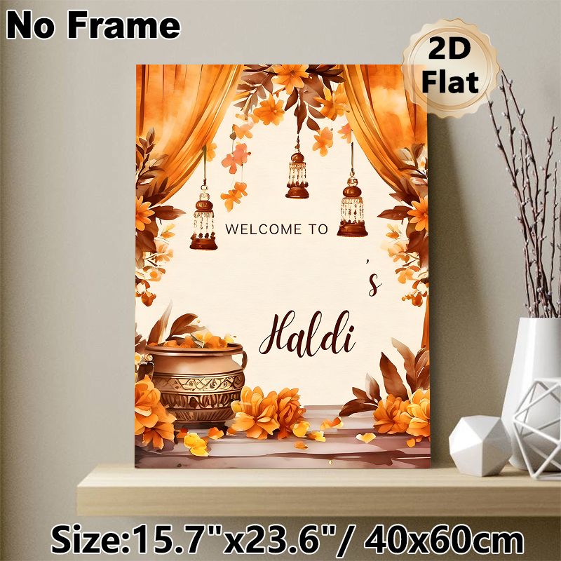 Haldi Welcome Painting Poster, Warm Watercolor Style Poster, Orange Floral & Lantern Adorned Festive Welcome Decor, Ideal For Haldi Ceremony Venues_maomaolike.com