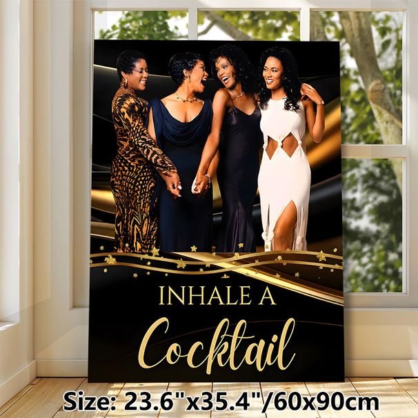 Glamorous "Inhale A Cocktail" Female Gathering Painting Poster, Elegant Golden & Black Glam Scene Poster, Stylish Lively Design Ideal For Bar, Living_maomaolike.com