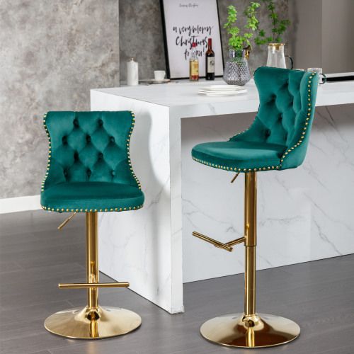 Golden Swivel Velvet Barstools Adjusatble Seat Height From 25-33 Inch Green,Set Of 2_maomaolike.com