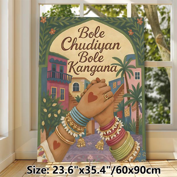 Indian Cultural Bole Chudiyan Bole Kangana Painting Poster, Vibrant Folk Art Style Poster, Showcases Adorned Hands & Colorful Town, Ideal For Adding_maomaolike.com