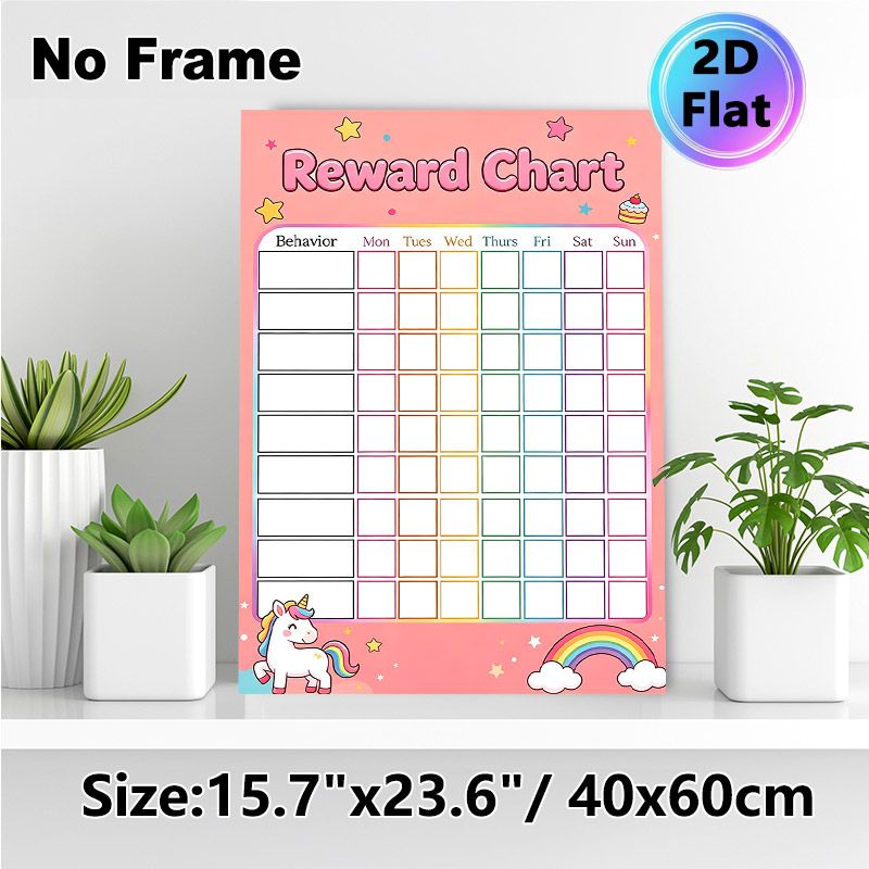Unicorn Themed Reward Chart Painting Poster, Cute Cartoon Style Poster With Pastel Pink Background, Unicorn & Rainbow Details, Practical For Tracking_maomaolike.com