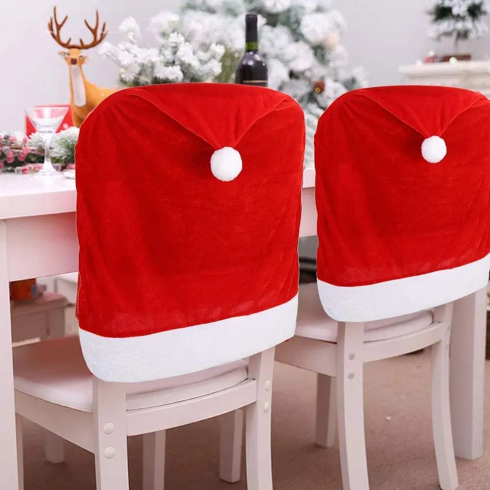 4pcs Christmas Chair Covers,Santa Hat Chair Back Cover Xmas Slipcover For Christmas Dinning Room Home Decoration Supply,Red_maomaolike.com