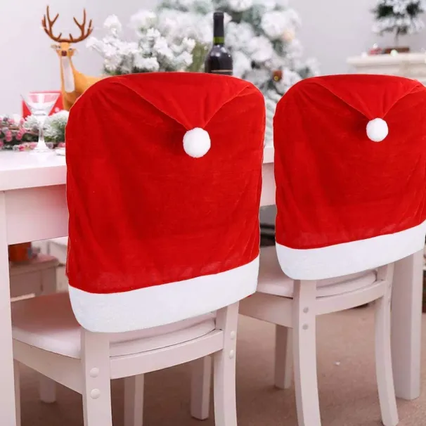 4pcs Christmas Chair Covers,Santa Hat Chair Back Cover Xmas Slipcover For Christmas Dinning Room Home Decoration Supply,Red_maomaolike.com