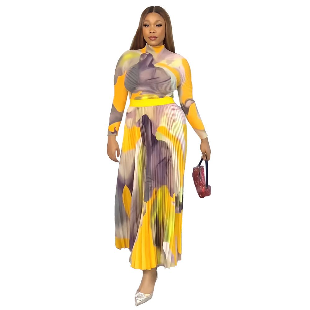 Women's fashion Waffle long sleeve short blouse elegant pleated skirt two-piece set_maomaolike.com