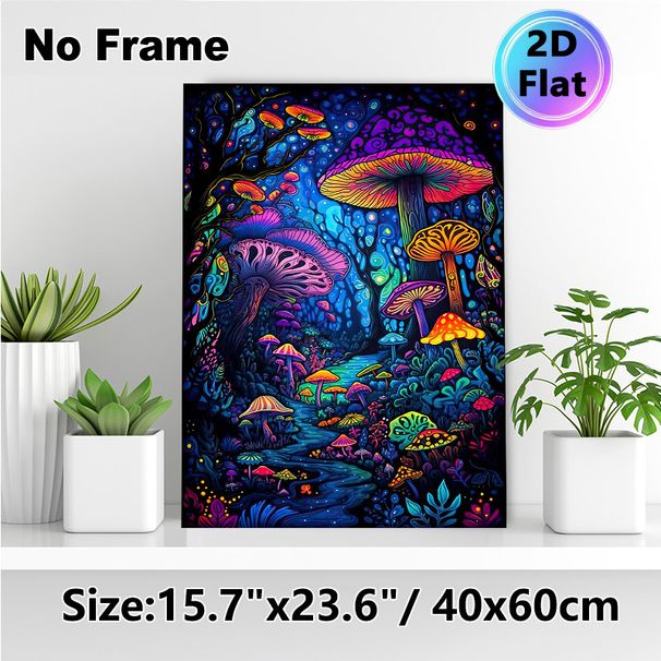 Psychedelic Mushroom Painting Poster, Vibrant Whimsical Fantasy Forest Scene Poster, Eye-catching Vivid Hues, Suitable For Living Room, Bedroom Or_maomaolike.com