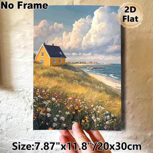 Coastal Cottage Landscape Painting Poster, Warm-toned Idyllic Seaside Scenery With Wildflowers And Yellow Cottage Poster, Serene Natural View Ideal_maomaolike.com