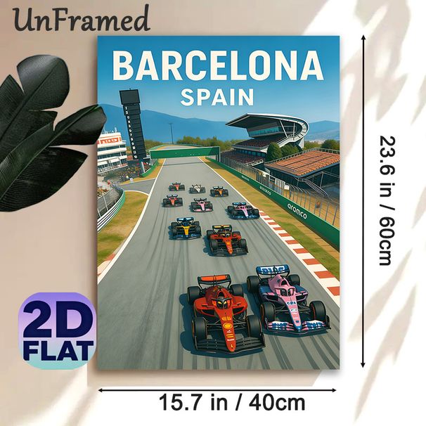 Barcelona F1 Racing Painting Poster, Vibrant Dynamic Race Track Scene Poster, Captures Thrilling Motorsport Action, Ideal For Game Room, Sports-themed_maomaolike.com
