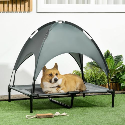 PawHut Elevated Portable Dog Cot Pet Bed With UV Protection Canopy Shade, 36 Inch, Gray_maomaolike.com