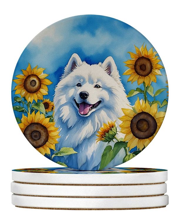 Samoyed In Sunflowers Large Sandstone Coasters Pack Of 4 Absorbent Round Coasters Decor Gifts For Men Or Women, 4 In, Multicolor_maomaolike.com
