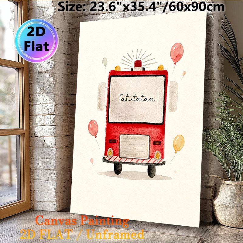 Fire Truck Themed Painting Poster, Soft Watercolor Style Cute Red Fire Truck With Balloons Poster, Warm Decorative Piece Suitable For Bedroom, Living_maomaolike.com