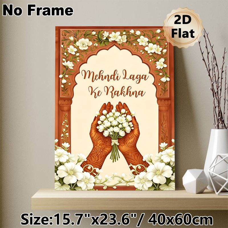 Mehndi Themed Painting Poster, Exquisite Traditional Indian Style Poster, Henna-decorated Hands Holding Jasmine Blooms With Ornate Arched Floral_maomaolike.com