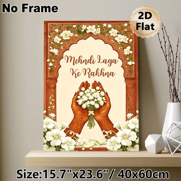 Mehndi Themed Painting Poster, Exquisite Traditional Indian Style Poster, Henna-decorated Hands Holding Jasmine Blooms With Ornate Arched Floral_maomaolike.com