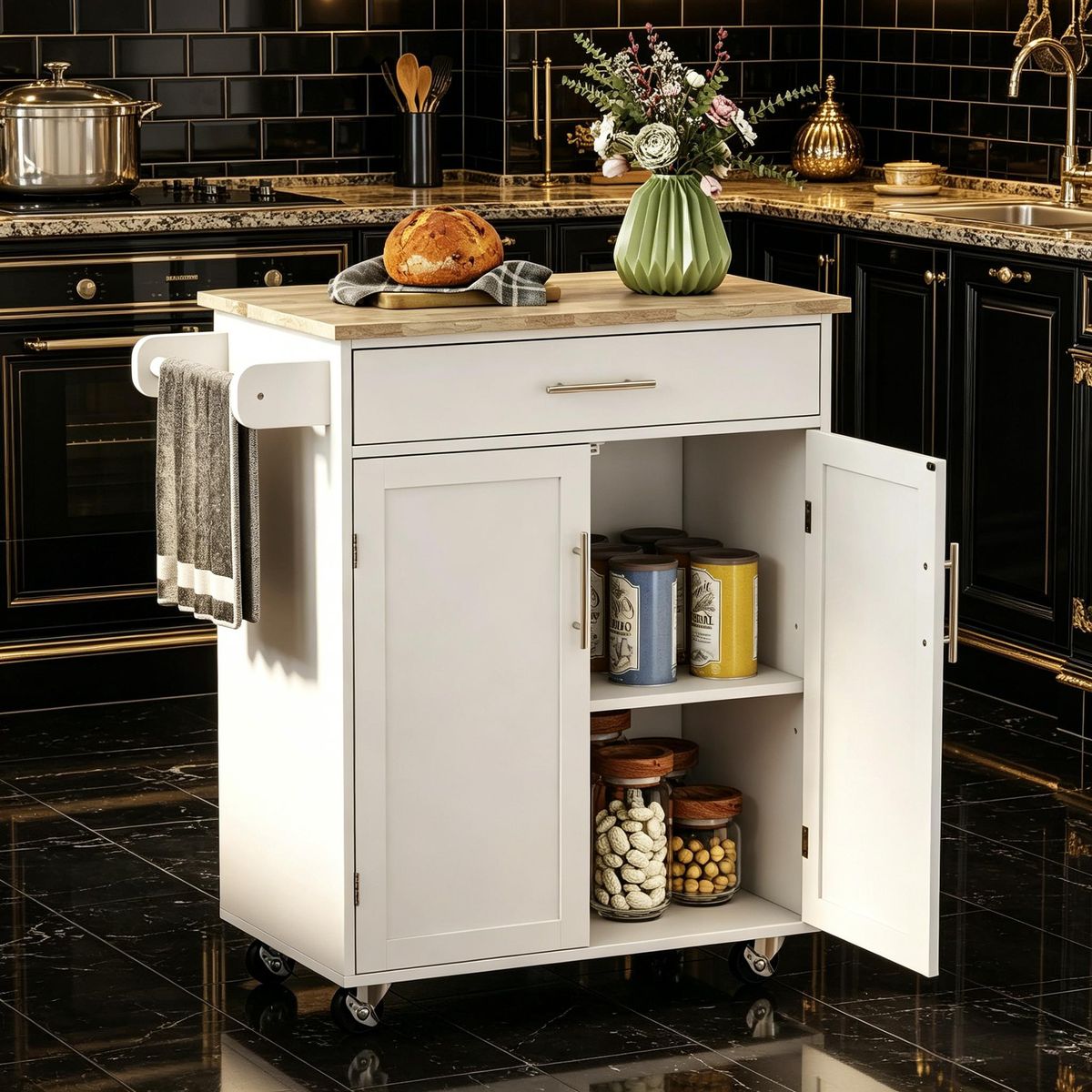Kitchen Island Cart, Rolling Island Table With Solid Wood Top, Trolley Cart With Drawer_maomaolike.com