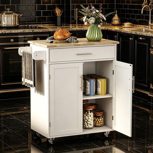 Kitchen Island Cart, Rolling Island Table With Solid Wood Top, Trolley Cart With Drawer_maomaolike.com