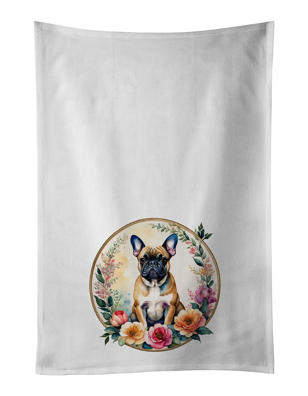 Fawn French Bulldog And Flowers Kitchen Towel Set Of 2 White Dish Towels Decorative Bathroom Hand Towel For Hand, Face, Hair, Yoga, Tea, Dishcloth, 19 X 28", White_maomaolike.com