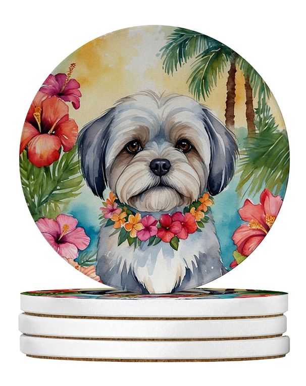 Lhasa Apso Luau Large Sandstone Coasters Pack Of 4 Absorbent Round Coasters Decor Gifts For Men Or Women, 4 In, Multicolor_maomaolike.com