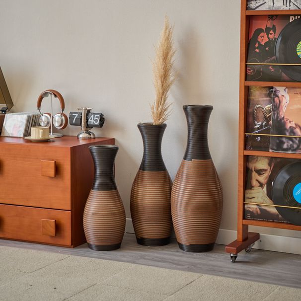 Set Of 3 Designer Floor Vases, Large Vases For Home Decor Flooring, Artificial Rattan Floor Vases, Brown Floor Vases For Living Rooms Or Corridors_maomaolike.com