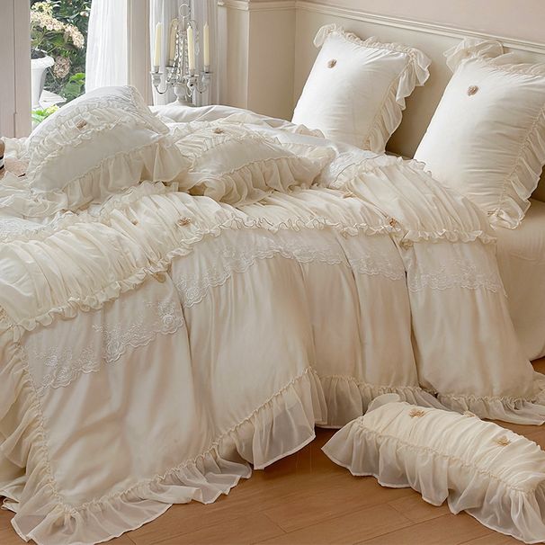 Ice Silk Quilt Cover French Princess Style Summer Cool Four-piece Set With Lace Trim, Duvet Cover, Sheet, Silky Smooth_maomaolike.com