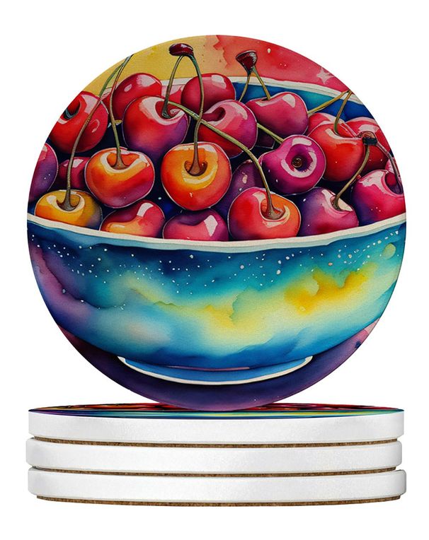 Colorful Cherries Large Sandstone Coasters Pack Of 4 Absorbent Round Coasters Decor Gifts For Men Or Women, 4 In, Multicolor_maomaolike.com