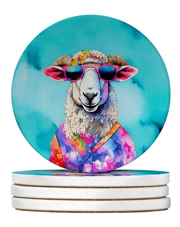 Hippie Animal Sheep Large Sandstone Coasters Pack Of 4 Absorbent Round Coasters Decor Gifts For Men Or Women, 4 In, Multicolor_maomaolike.com