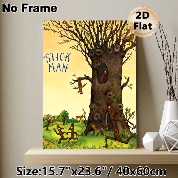 Stick Man Themed Painting Poster, Whimsical Cartoon Style Poster, Playful Stick Figures Around A Large Tree, Charming Lively Decor Ideal For Living_maomaolike.com