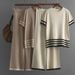Women's Clothing contrast striped split short sleeved sweater + high waisted slim wide leg pants trousers fashionable casual two piece suit_maomaolike.com