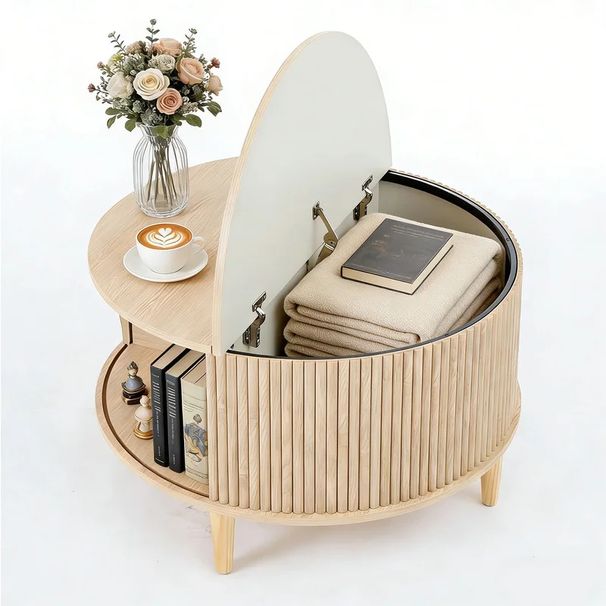 A Round Coffee Table With Storage, Featuring Sliding Cabinet Doors And A Two-layer Plain Wooden Tabletop_maomaolike.com