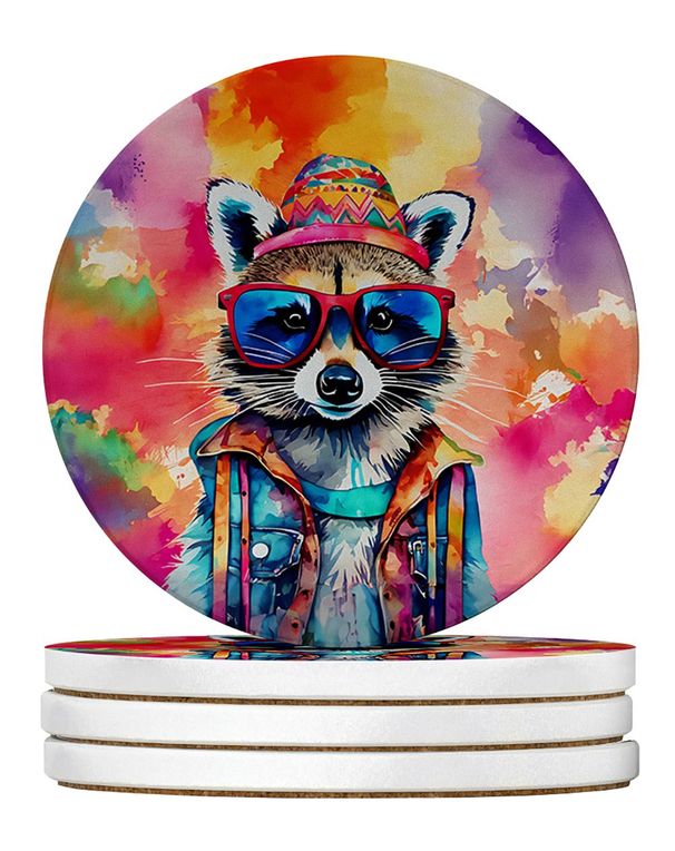 Hippie Animal Raccoon Large Sandstone Coasters Pack Of 4 Absorbent Round Coasters Decor Gifts For Men Or Women, 4 In, Multicolor_maomaolike.com