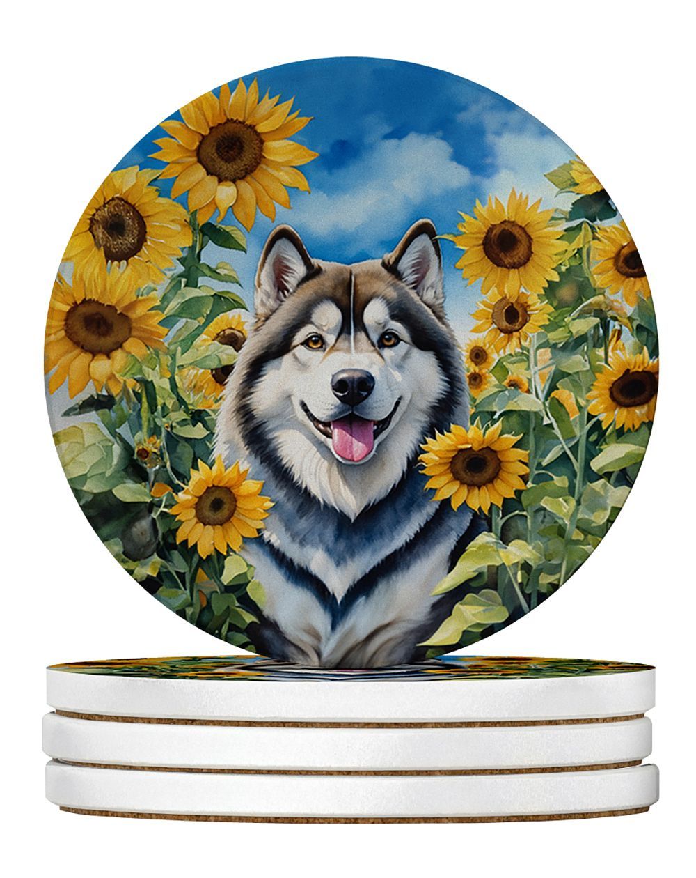 Alaskan Malamute In Sunflowers Large Sandstone Coasters Pack Of 4 Absorbent Round Coasters Decor Gifts For Men Or Women, 4 In, Multicolor_maomaolike.com