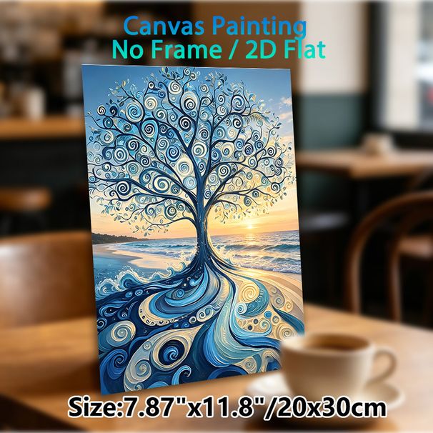Beach Swirl Tree Painting Poster, Vibrant Swirly Artistic Tree With Sunset Beach Scene Poster, Eye-catching Decorative Piece Ideal For Living Room_maomaolike.com