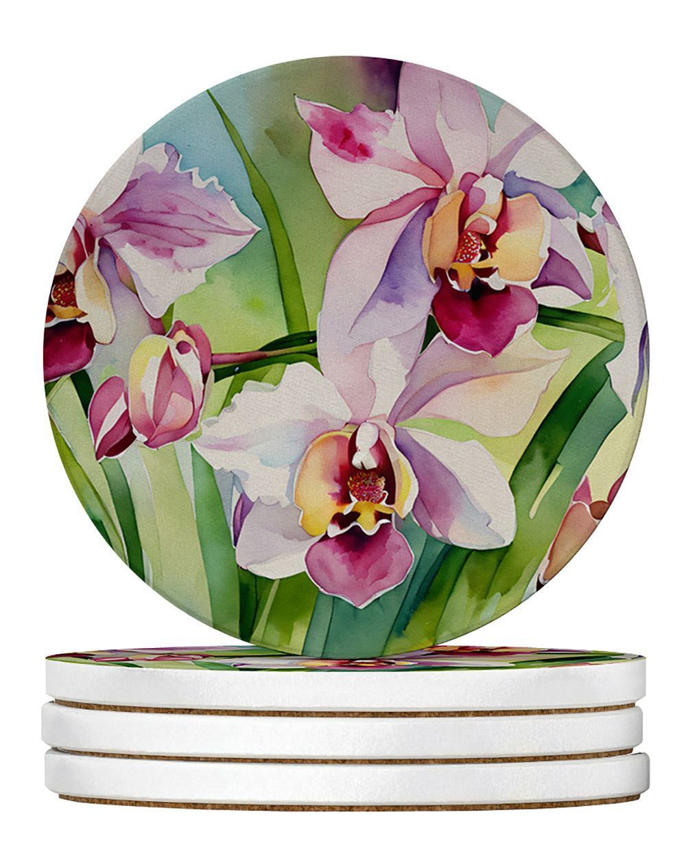 Orchids In Watercolor Large Sandstone Coasters Pack Of 4 Absorbent Round Coasters Decor Gifts For Men Or Women, 4 In, Multicolor_maomaolike.com