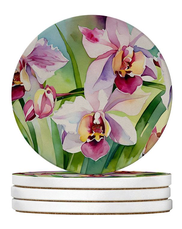 Orchids In Watercolor Large Sandstone Coasters Pack Of 4 Absorbent Round Coasters Decor Gifts For Men Or Women, 4 In, Multicolor_maomaolike.com