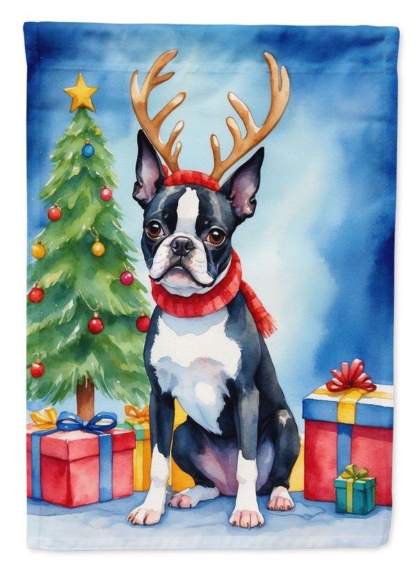 Boston Terrier Christmas Reindeer House Flag Large Porch Sleeve Pole Decorative Outside Yard Banner Artwork Wall Hanging, Polyester, House Size, Multicolor_maomaolike.com