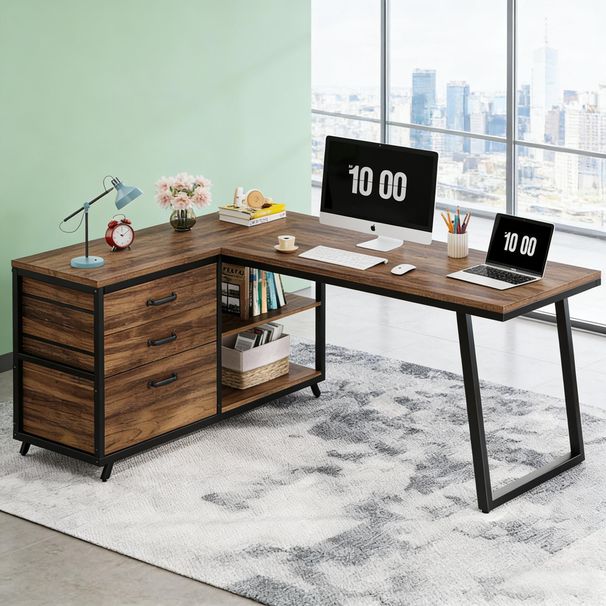 L-Shaped Computer Desk With 3 Drawers & Shelves_maomaolike.com
