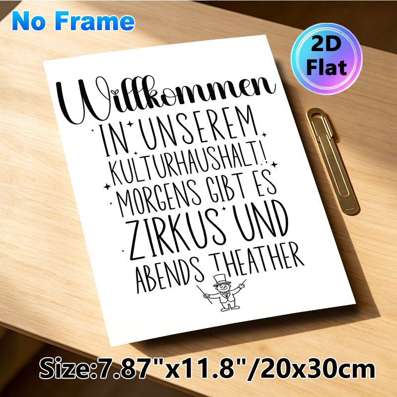German Welcome & Circus-Themed Painting Poster, Minimalist Black & White Hand-drawn Typography & Performer Graphic Poster, Warm Welcoming Decor_maomaolike.com