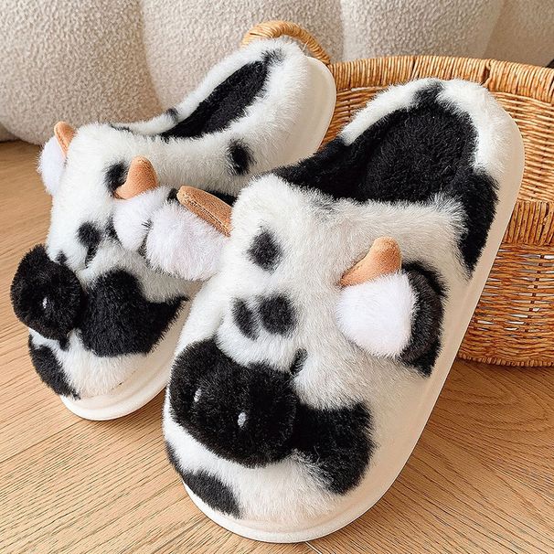 Women's Winter Warm Cartoon Cow Closed Toe Non Slip Furry House Shoes Women Indoor Bedroom Thick Sole Plush Slippers_maomaolike.com