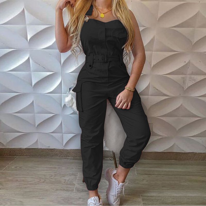Women's fashion cargo jumpsuit belt sleeveless suspenders simple constraint foot pants_maomaolike.com