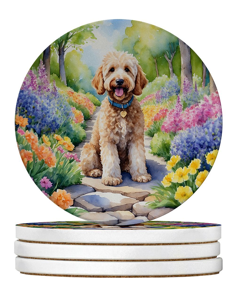 Goldendoodle Spring Path Large Sandstone Coasters Pack Of 4 Absorbent Round Coasters Decor Gifts For Men Or Women, 4 In, Multicolor_maomaolike.com