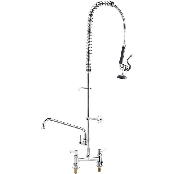 VEVOR Commercial Faucet With Pre-Rinse Sprayer, 44" Height, 8" Center, 12" Swing Spout, Deck Mount Kitchen Sink Faucet, Brass Constructed Device With Pull Down Spray, For 1/2/3 Compartment Sink_maomaolike.com
