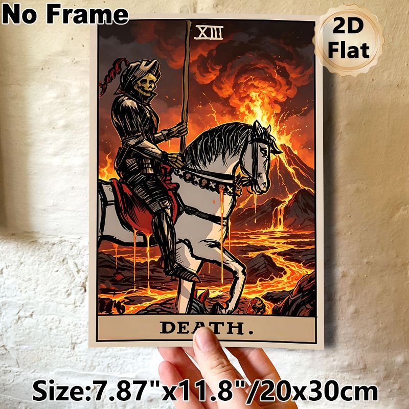 Death Tarot Card Painting Poster, Dark Gothic Dramatic Skeleton Knight On Horse With Erupting Volcano Poster, Mysterious Tarot-inspired Decor Ideal_maomaolike.com