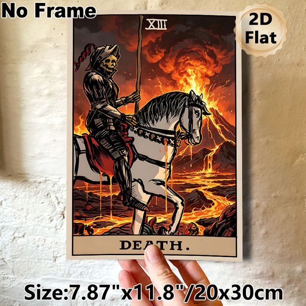Death Tarot Card Painting Poster, Dark Gothic Dramatic Skeleton Knight On Horse With Erupting Volcano Poster, Mysterious Tarot-inspired Decor Ideal_maomaolike.com