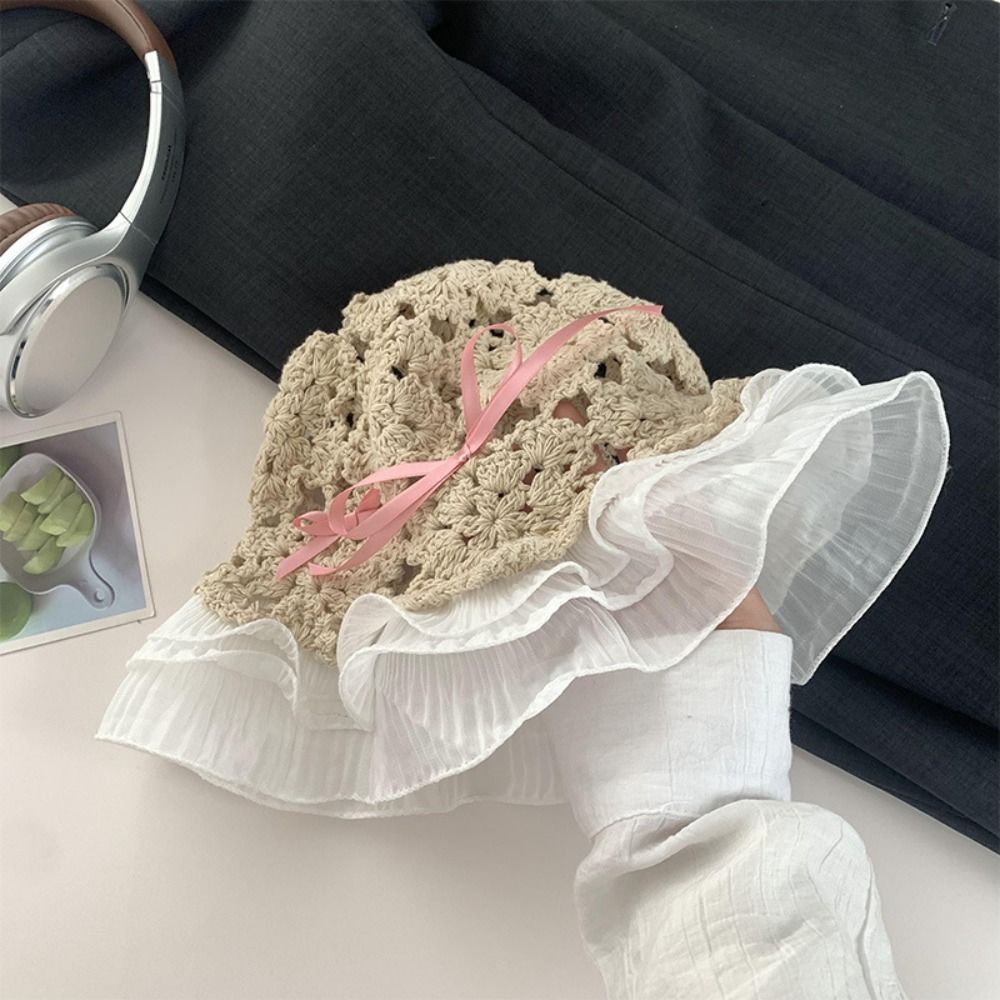 Hot Sale Hollow Handmade Weaving Fisherman New Bow Knot Big Brim Sunshade Sunscreen Adjustable Sun Hat_maomaolike.com
