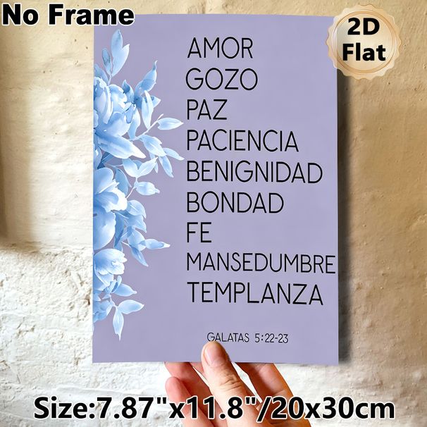 Spanish Galatians 5:22-23 Verse Painting Poster, Soft Watercolor Blue Floral & Lavender Tone Poster, Inspirational Religious Wall Decor Ideal For_maomaolike.com
