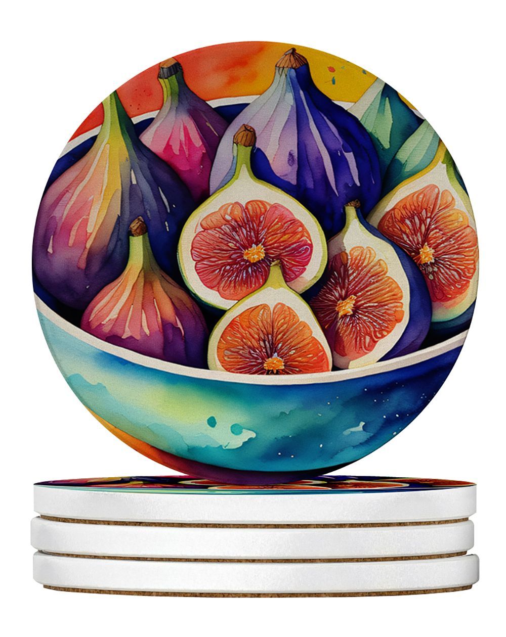 Colorful Figs Large Sandstone Coasters Pack Of 4 Absorbent Round Coasters Decor Gifts For Men Or Women, 4 In, Multicolor_maomaolike.com