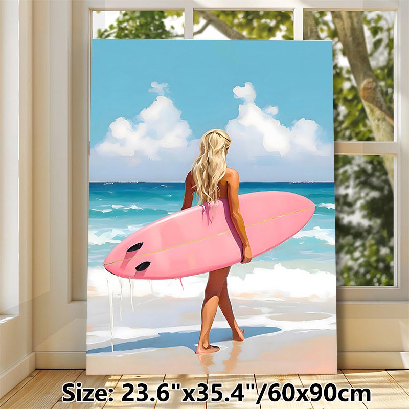 Surfer Girl Beach Painting Poster, Vibrant Artistic Coastal Scene Poster, Fresh Summery Vibe Ideal For Bedroom, Living Room & Beach House_maomaolike.com