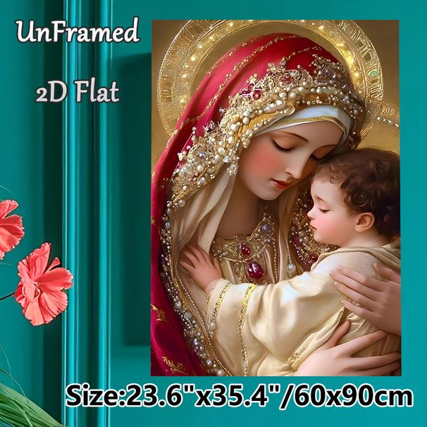 Virgin Mary And Child Religious Painting Poster, Exquisite Ornate Sacred Portrait Poster, Warm Serene Depiction Ideal For Home, Prayer Room And_maomaolike.com